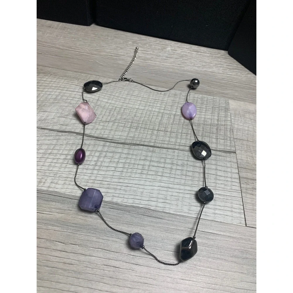 Gunmetal Purple Lavender Faceted Bead Station Long Necklace 24 Inch 4030